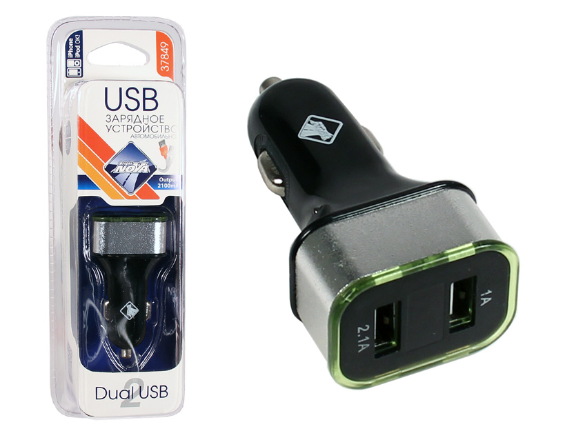 Зарядное устройство "Nova Bright" для моб.устройств, 2 USB-порта, 2100мА + цифровой вольтметр, амперметр, 12/24В