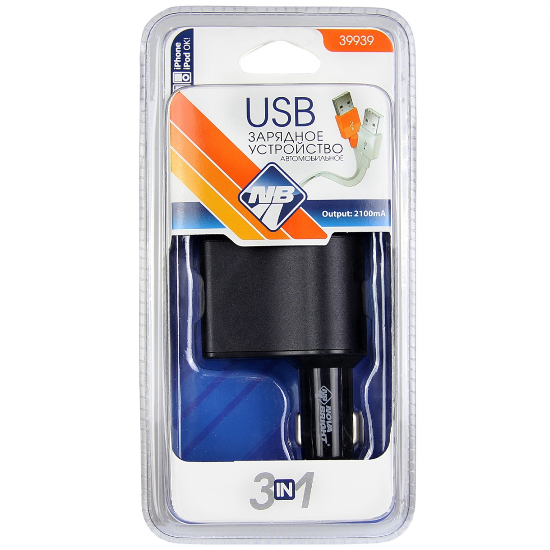 Зарядное устройство "Nova Bright" для моб.устройств+разветв. электропит.1гнездо+2USB-порта, 2100мА, цифровой вольтметр, LED подсветка, 12/24