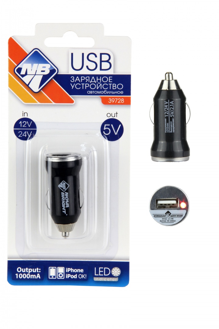 Зарядное устройство "Nova Bright" для моб.устройств, USB-порт, 1000мА, LED индикатор, 12/24В