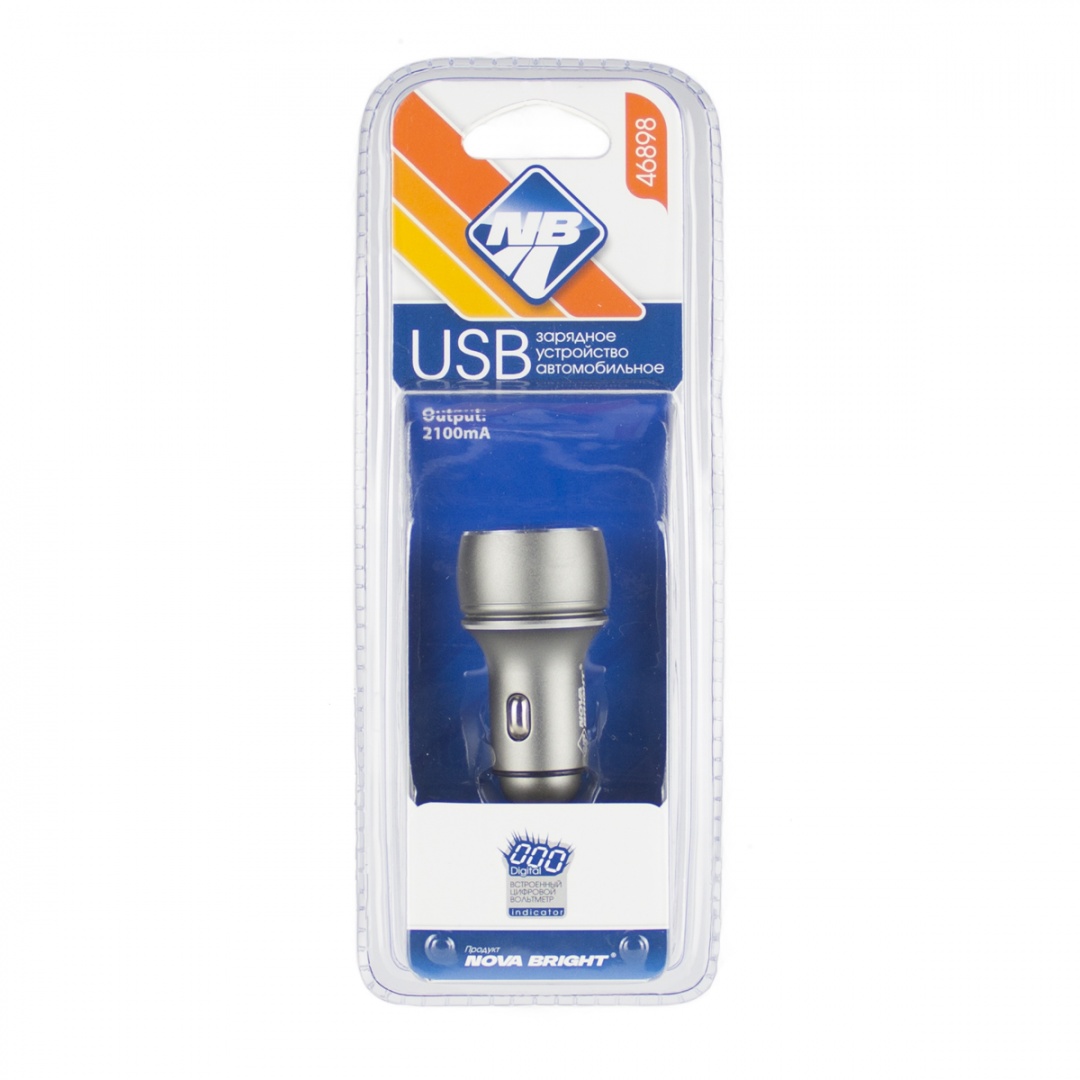 Зарядное устройство "Nova Bright" для моб.устройств, 2 USB-порта, 2100мА + цифровой LED вольтметр, 12/24В Зарядное устройство "Nova Bright" для моб.устройств, 2 USB-порта, 2100мА + цифровой LED вольтметр, 12/24В