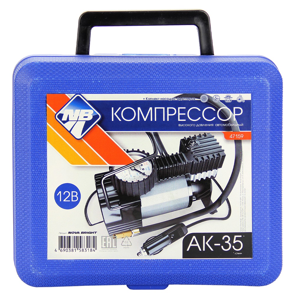 Компрессор "Nova Bright" АК-35, 35 л/мин., 150 PSI, 12В, металлический корпус, пластиковый кейс Компрессор "Nova Bright" АК-35, 35 л/мин., 150 PSI, 12В, металлический корпус, пластиковый кейс