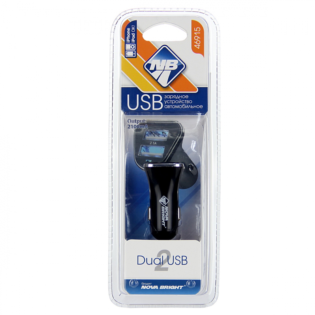 Зарядное устройство "Nova Bright" для моб.устройств, 2 USB-порта, 2100мА, LED индикатор, 12/24В Зарядное устройство "Nova Bright" для моб.устройств, 2 USB-порта, 2100мА, LED индикатор, 12/24В